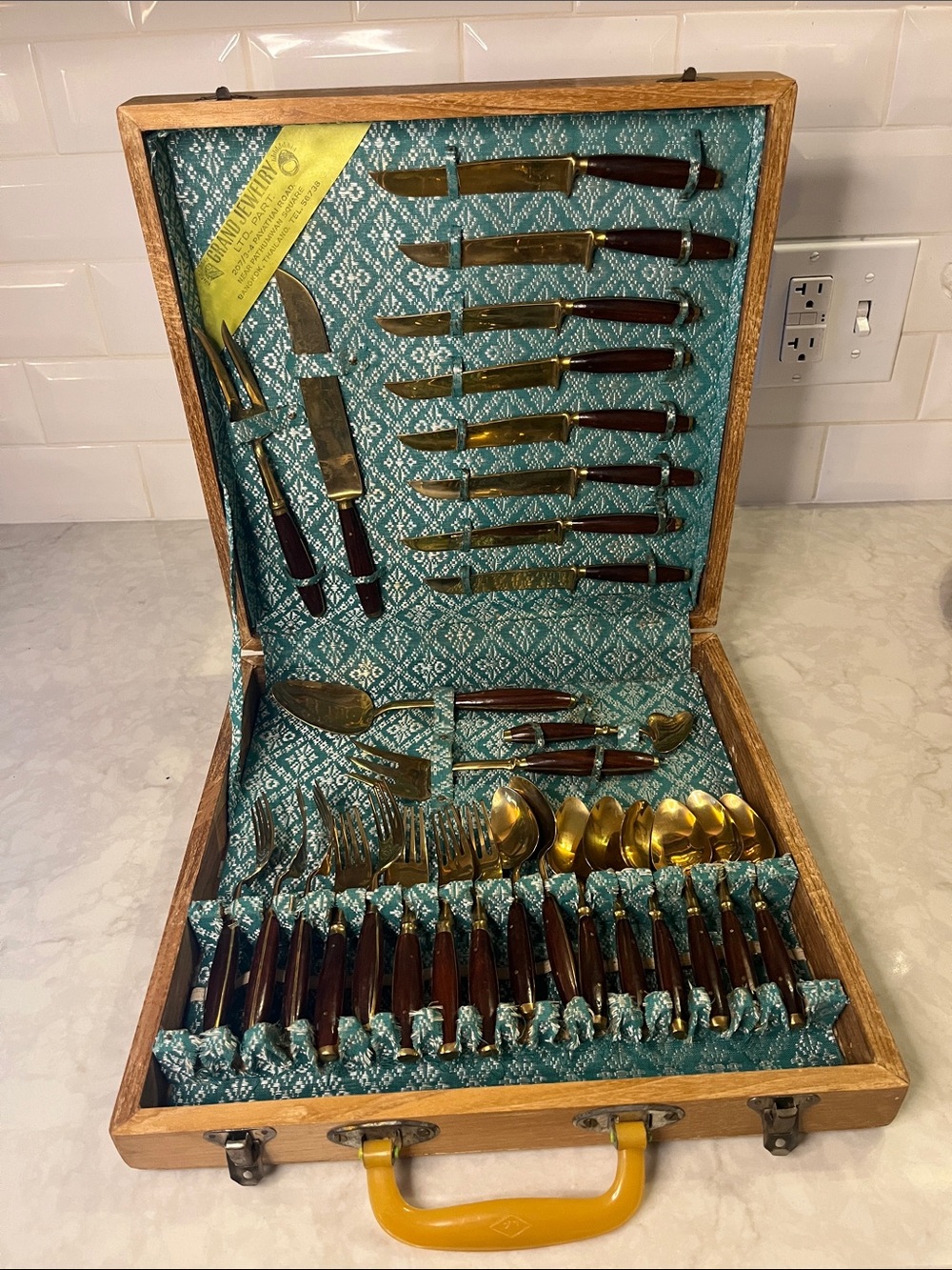 Vintage brass flatware 29 pieces rosewood handles.  Wood  handled chest Bangkok
